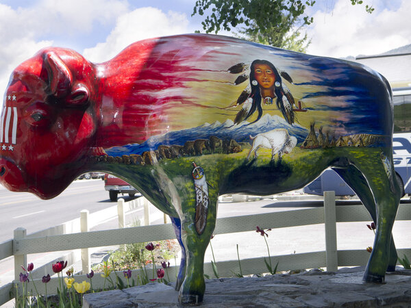 Painted buffalo staue in Jackson Hole Wyoming USA