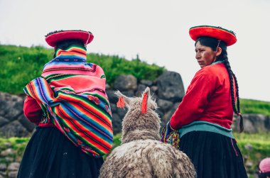 Sacsayhuaman İnka arkeoloji sahasında ve Peru, Cusco dışındaki antik kalede bir lama taşıyan iki geleneksel ve renkli Perulu kadın. 17 Ocak. 2014
