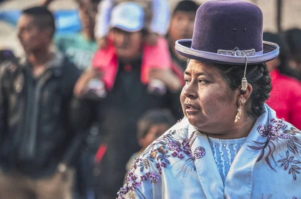 Colorido Retrato Tradicional Mujer Peruana Vestida Durante Celebración Cristiana Del — Foto de Stock