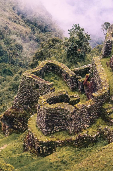 Vue Angle Élevé Humaine Des Ruines Phuyupatamarca Sur Sentier Inca — Photo