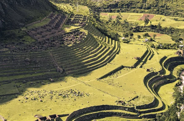 Vue Aérienne Lointaine Des Ruines Llactapata Sur Sentier Inca Menant — Photo