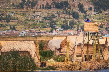 Uros Adası, Titicaca Gölü, 27 Ocak 2014. Uros Adaları 'nda yüzen sazlıktan yapılmış bir kulenin tepesindeki yerli adam. Puno, Peru
