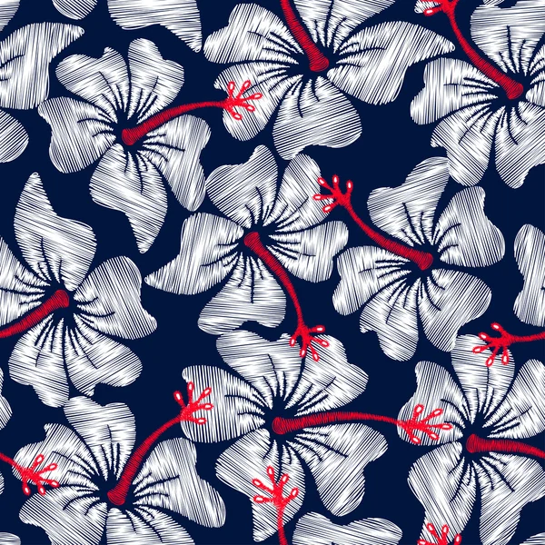 White hibiscus tropical embroidery floral seamless pattern — Stock Vector