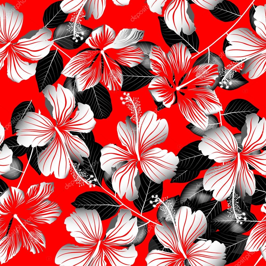 Tropical white hibiscus flowers with black leaves seamless patte