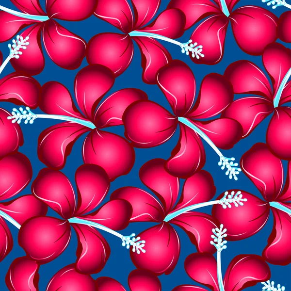 Flores de hibisco tropical rojo con patrón inconsútil de pistilo azul — Vector de stock