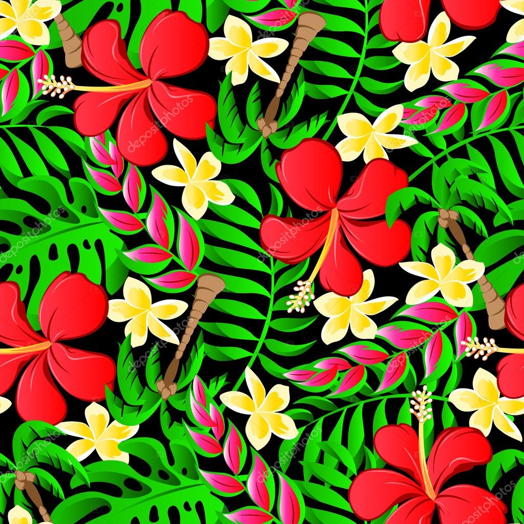 Tropical frangipani palms and hibiscus flowers seamless pattern Stock ...