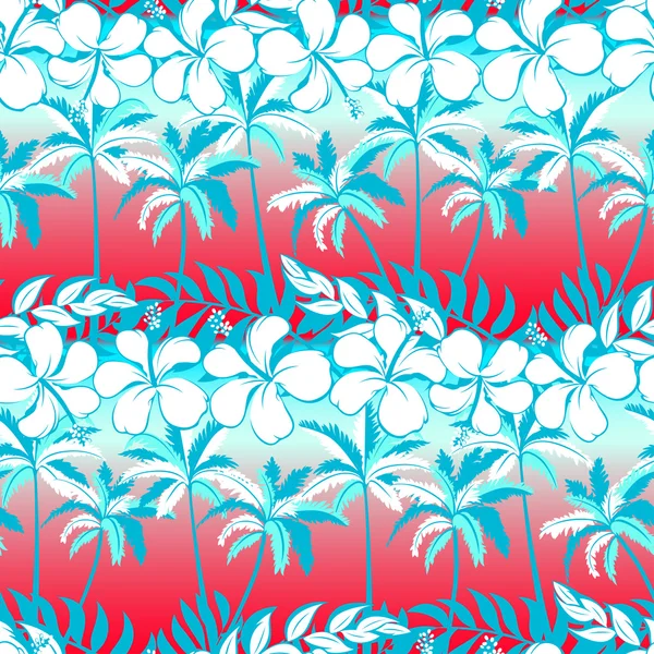 Palmera tropical con flores de hibisco y palmeras sin costuras — Vector de stock