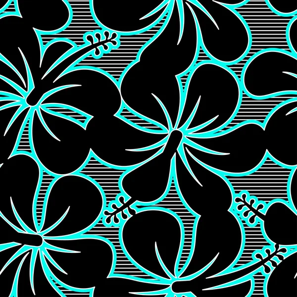 Black blue and white hibiscus lines seamless pattern — Stock Vector