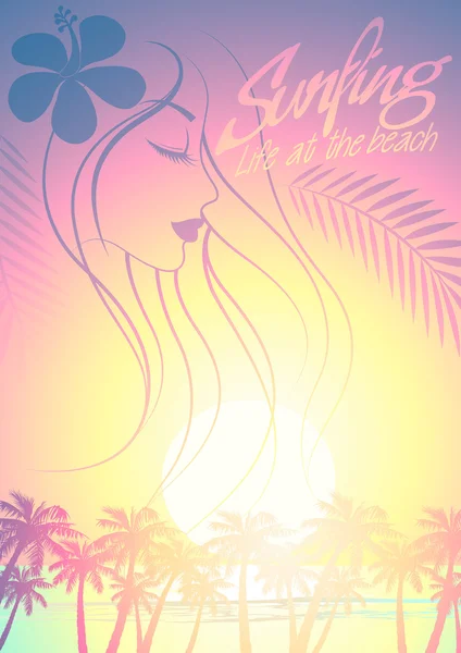 Menina de praia de surf tropical com palmeiras ao pôr do sol — Vetor de Stock