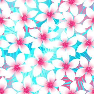 Pembe ve aqua Plumeria ve Hibiscus çiçek seamless modeli