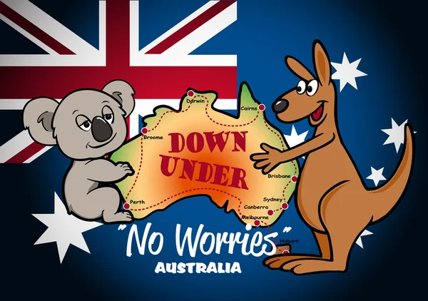 Mapa de Australia con Koala Canguro y bandera — Vector de stock