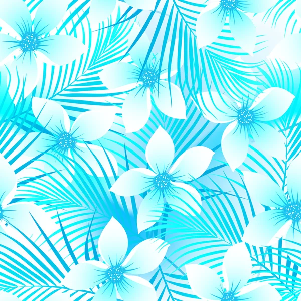 Hibisco de frangipani tropical com palmas sem costura padrão — Vetor de Stock