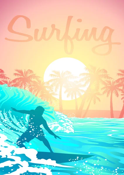 Surf macho ao nascer do sol com palmeiras — Vetor de Stock