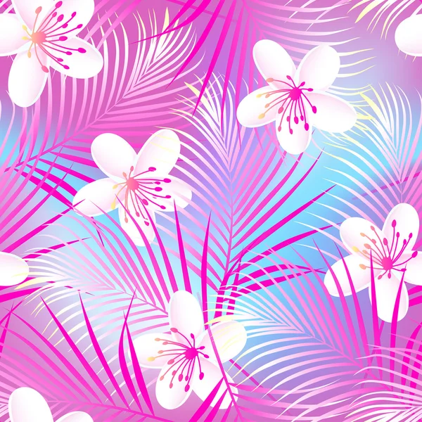 Hibiscus frangipani tropical avec des paumes roses motif sans couture — Image vectorielle