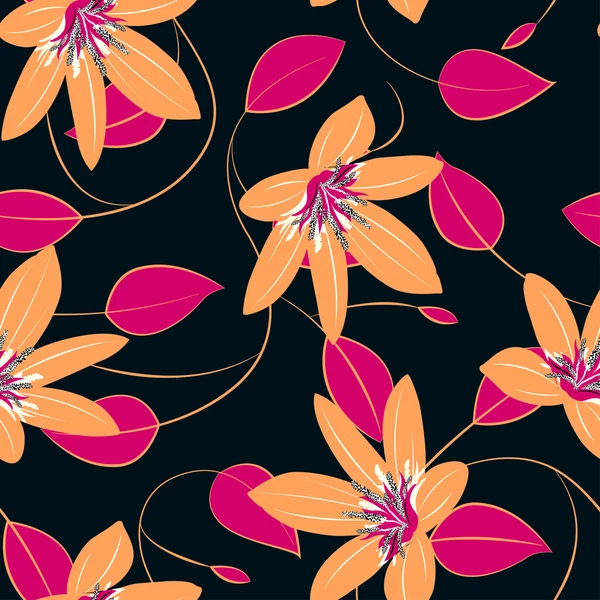 Fleurs et feuilles d'hibiscus orange motif sans couture — Image vectorielle