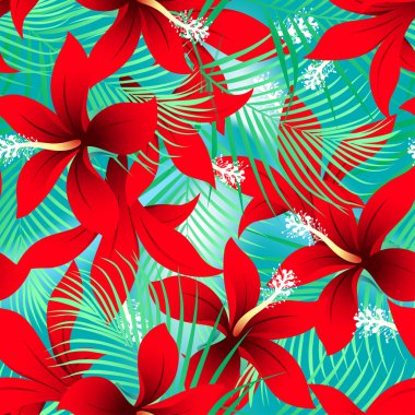 Tropikal kırmızı frangipani hibiscus avuç içi seamless modeli ile