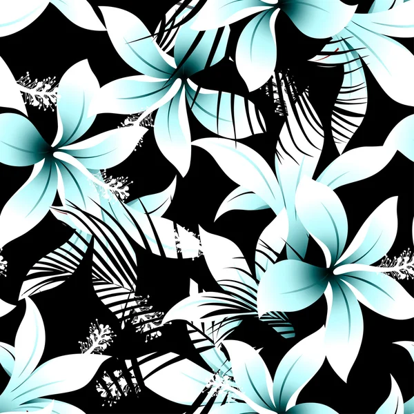 Frangipani hibisco blanco tropical con palmeras negras sin costuras — Vector de stock