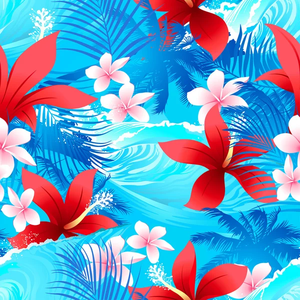 Flores de hibisco rojo tropical con patrón inconsútil de olas de surf — Vector de stock