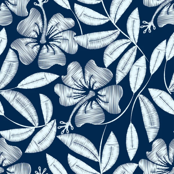Planta de hibisco bordado detallado blanco en un patrón sin costuras — Archivo Imágenes Vectoriales