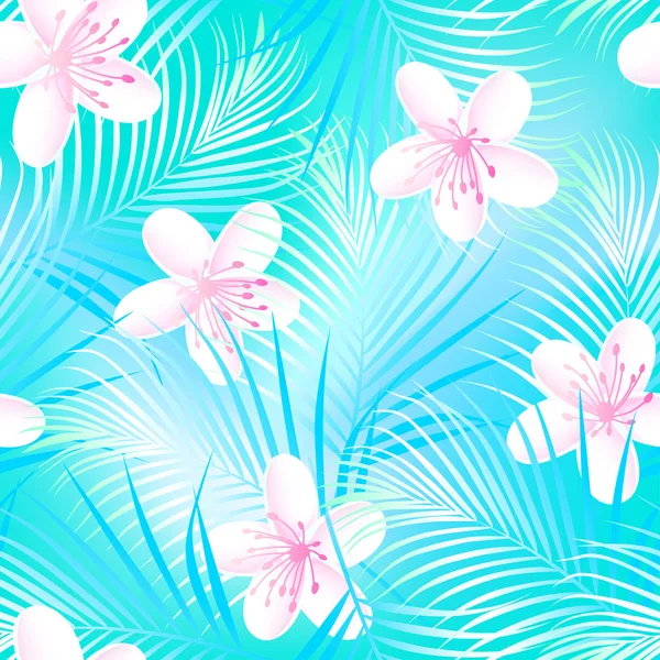 Tropische frangipani hibiscus met blauwe palmen naadloze patroon — Stockvector