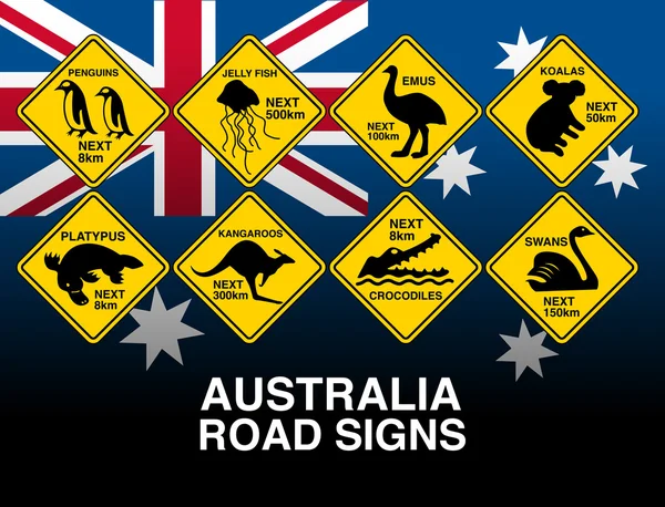 Australian yellow road warning signs with flag — Stock Vector