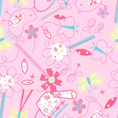 Sevimli kuş ve çiçek seamless modeli