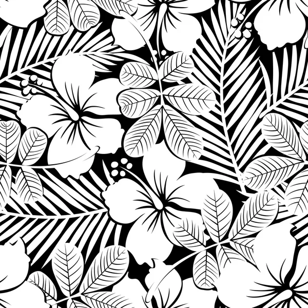 Flores y plantas de hibisco tropical blanco y negro sin costura pa — Vector de stock