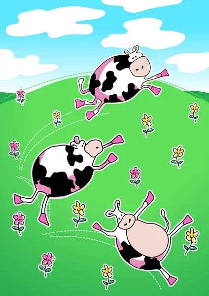 Vaches sur une colline verte dansant — Image vectorielle