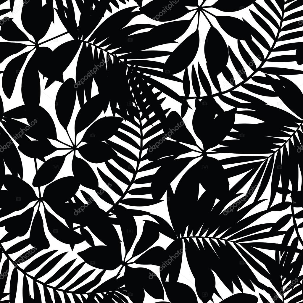 Black and white tropical leaves seamless pattern — Stock Vector
