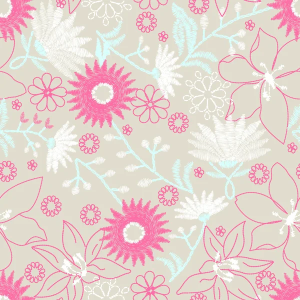 Diseño de bordado floral en un patrón sin costuras — Vector de stock