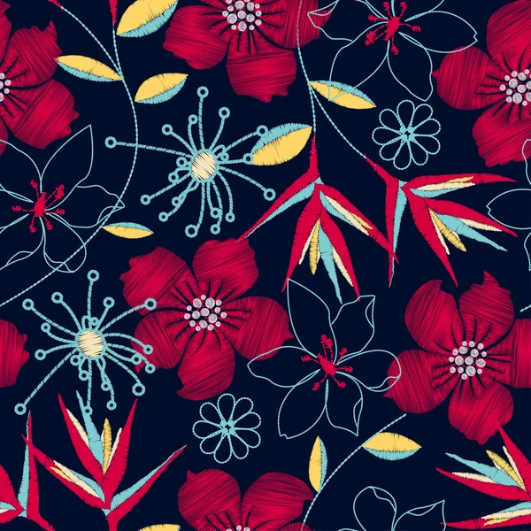 Patrón sin costura de bordado tejido tropical de hibisco — Vector de stock