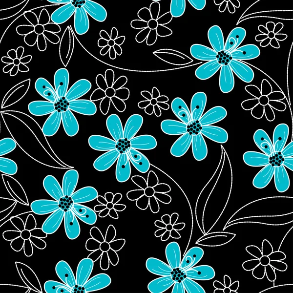 Siyah ve beyaz nakış kesintisiz p ışık mavi çiçekler — Stok Vektör