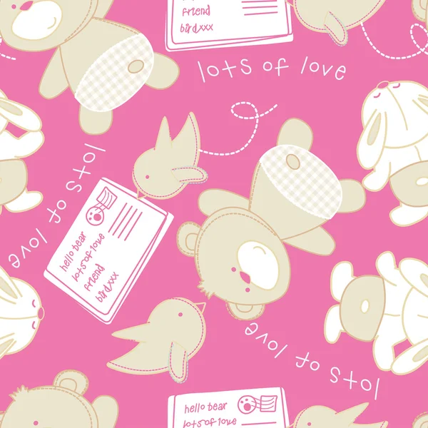 Lots of love bear and bird seamless pattern — Stock Vector