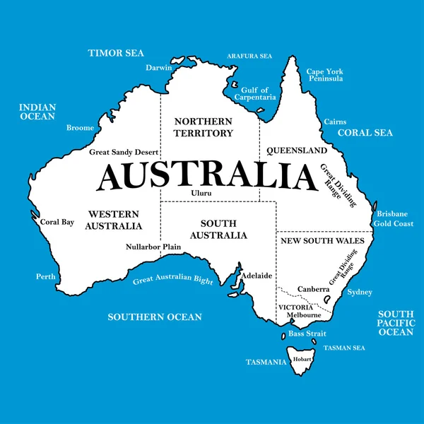 Karta över Australien med platser på en blå bakgrund — Stock vektor