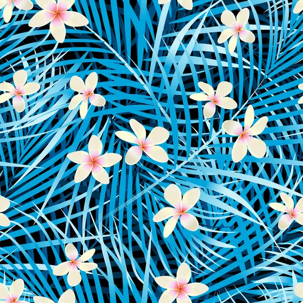 Palma hojas azul patrón sin costura con flores de frangipani — Vector de stock
