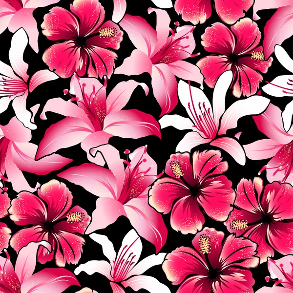 Vermelho flores de hibisco tropicais sem costura padrão —  Vetores de Stock