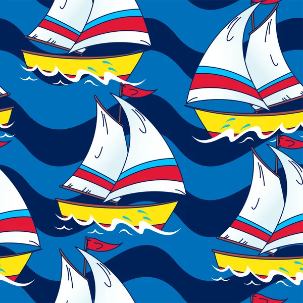 Sailing boat on the sea seamless pattern — Stock Vector