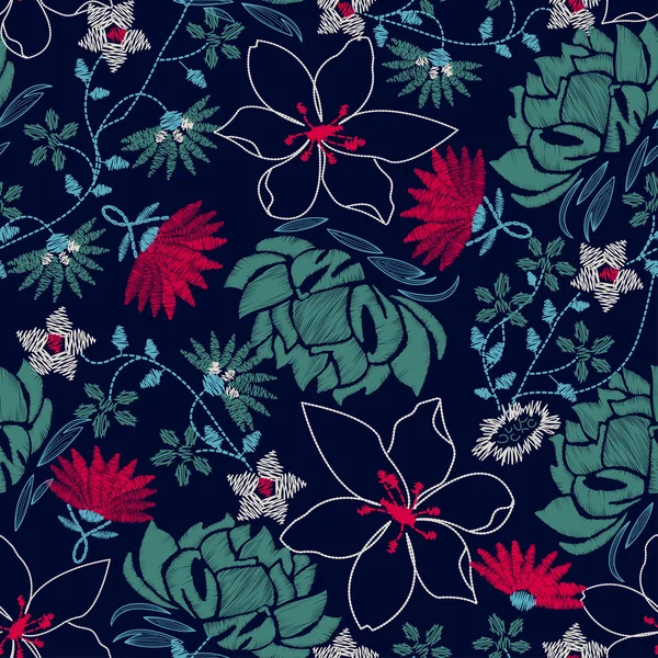 Bordado tropical exuberante diseño floral en un patrón sin costuras — Vector de stock