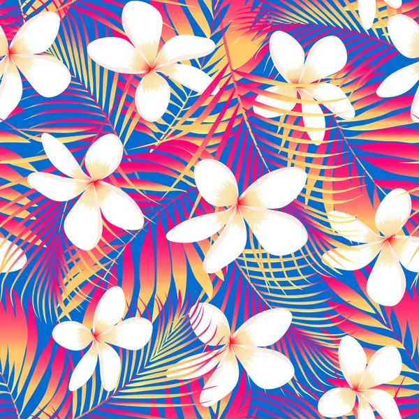 Flores tropicales con hojas patrón sin costura — Vector de stock