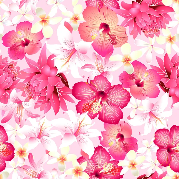 Flores tropicales con fondo rosa patrón sin costuras — Vector de stock