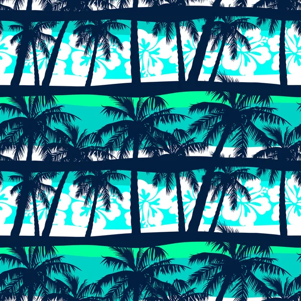 Frangipani tropical con palmeras patrón sin costuras — Vector de stock