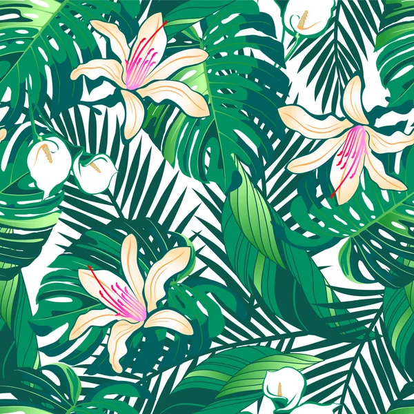 Fleurs tropicales luxuriantes motif sans couture sur un fond blanc — Image vectorielle