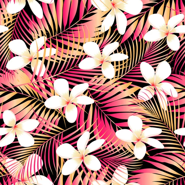 Tropical Plumeria with red and orange leaves seamless pattern — Stock Vector