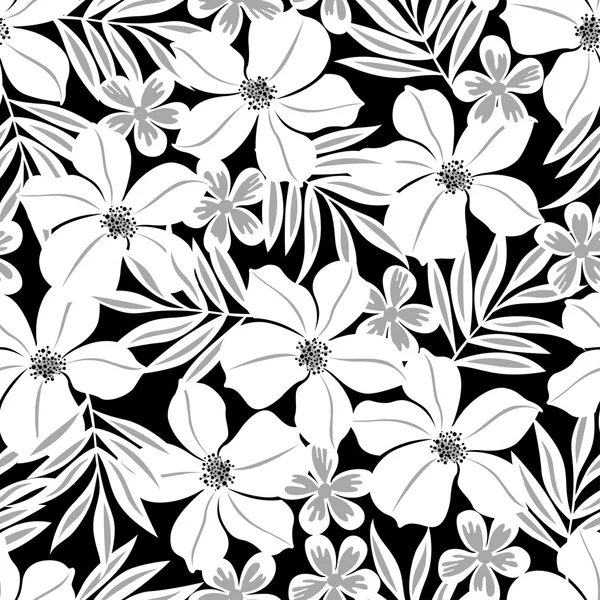 Flor tropical blanca sobre un fondo negro sin costuras — Vector de stock
