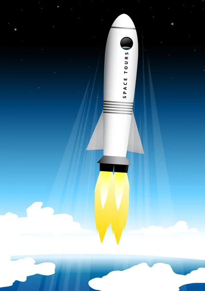 Ruimte toeristische raket stralen uit op het lanceerplatform in de ruimte — Stockvector