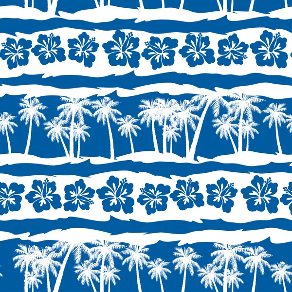 Frangipani tropical avec palmiers de plage motif sans couture — Image vectorielle