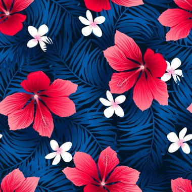 Tropical red hibiscus flowers in a seamless pattern clipart