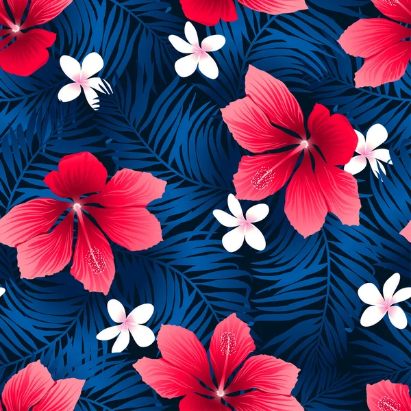 Tropical red hibiscus flowers in a seamless pattern — Stock Vector