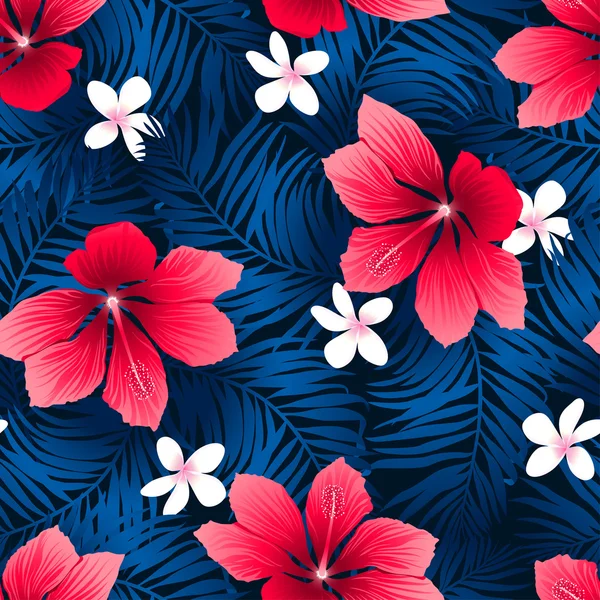 Tropical red hibiscus flowers in a seamless pattern