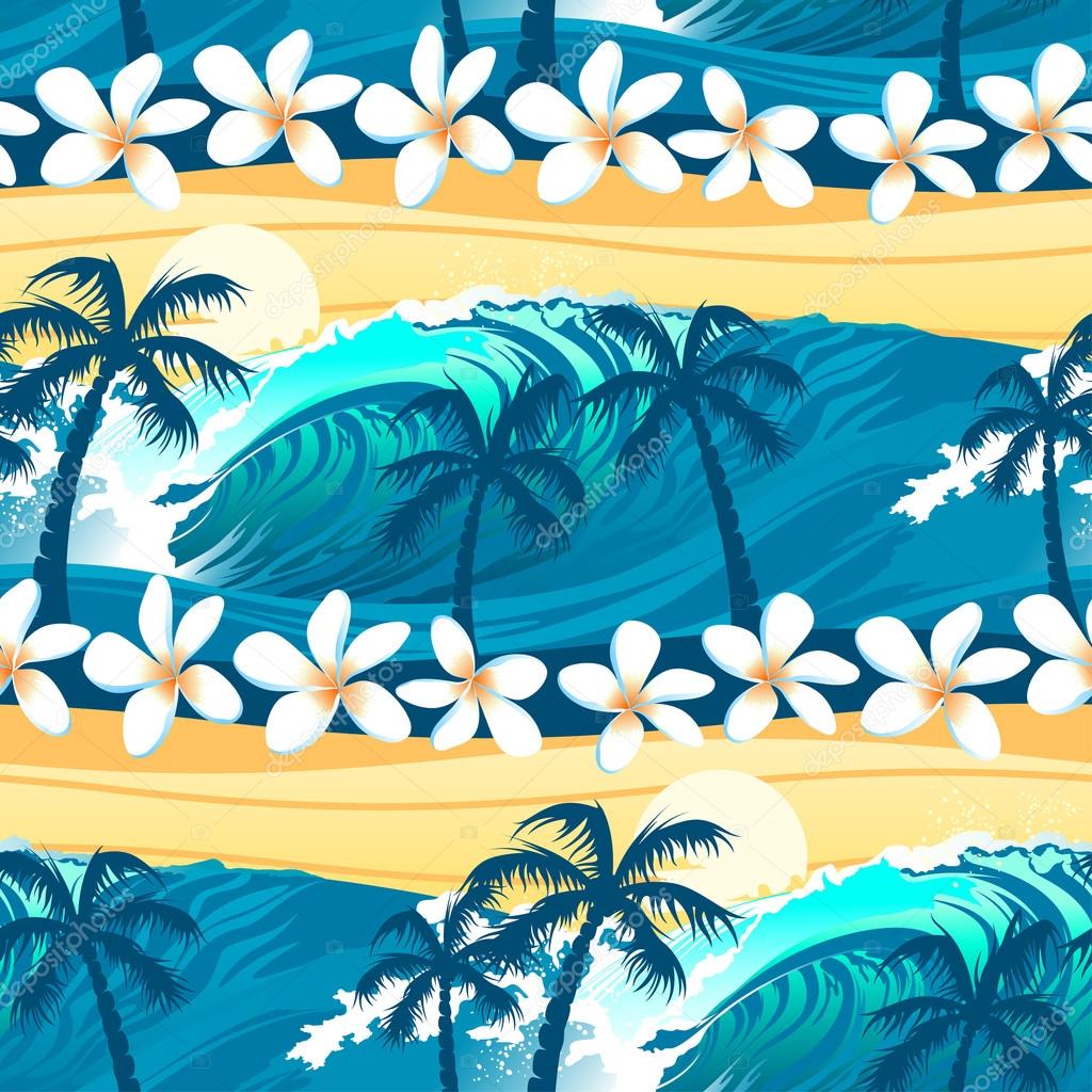 Tropical surfing with palm trees seamless pattern